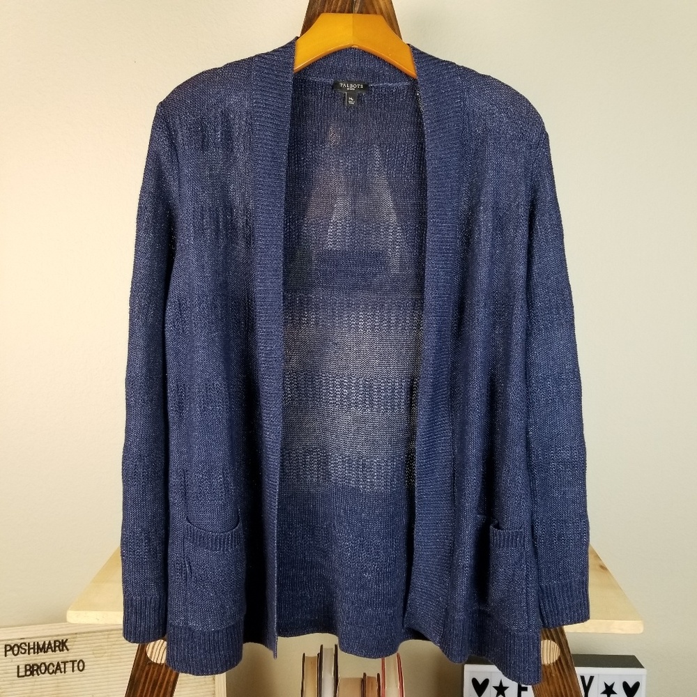 Talbots Blue Open Front Long Sleeve Linen Sweater - Picture 2 of 6